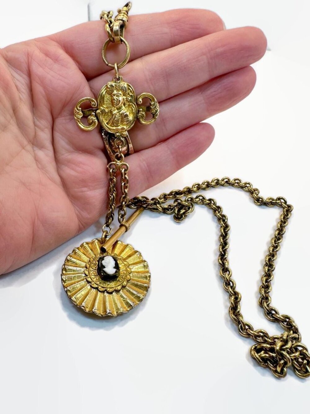 Vintage Watch Chain Necklace:  Brass, Cameo, Altered Necklace, Dog Clip, Unique